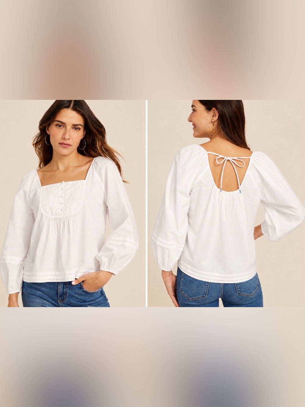 Boho-Chic Cottage Babydoll Peasant Top w/Puff Sleeves Pintuck Buttons Sz S Ivory